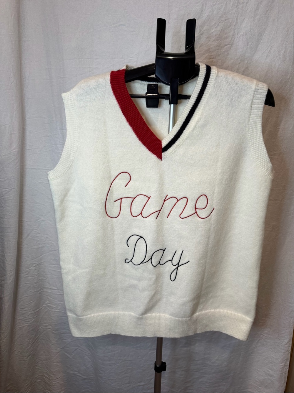 Game Day V-Neck Sweater Vest Cream With Red And Black Detail On Collar
